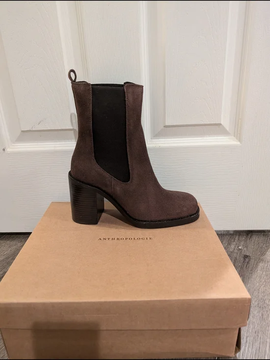 Anthropologie Brown Suede Chelsea Block Heel Booties - Picture 3 of 4